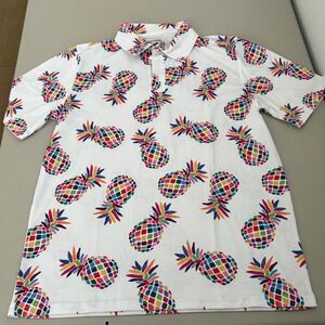 Proud 90 Golf Is Fun Mens Med Polo Shirt White Rainbow Pineapple Print Stretch